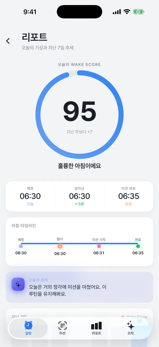 AlarmK — Wake Report & AI 코치